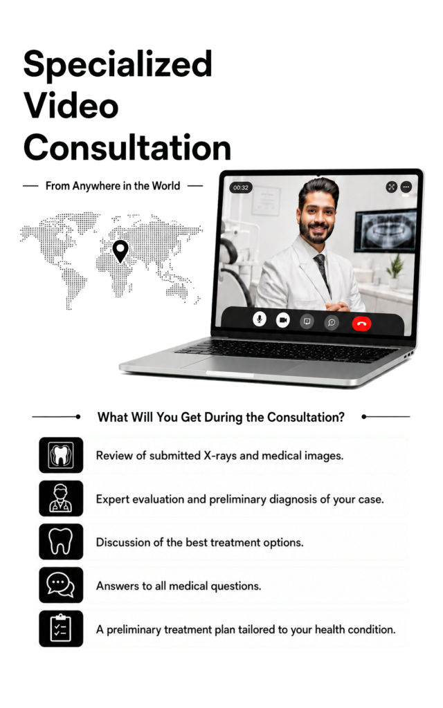Online video dental consultation with Dr. Mohammed Qasem, a periodontist and dental implant specialist in Dubai, reviewing X-rays and treatment options.