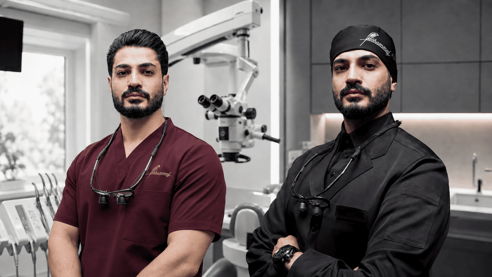 د. محمد قاسم بزي طبي داخل عيادة أسنان حديثة مجهزة بميكروسكوب علاجي.
